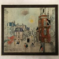 Full view of the framed art print showing the street scene and buildings including the meeting house.