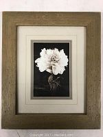 Framed still life flower print with wood-colored frame and light mat, 12.5 x 10.5 inches, showing white flower on black background.