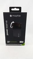 Front of box with branding, showing Mophie Power Reserve portable charger, highlighting 60% extra battery and USB charging.