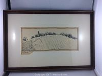 Photo of the full framed illustration showing a rural landscape with hay and bushes, signed and dated at bottom left.