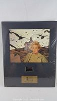 Front view of sealed reproduction film cell from The Birds by Alfred Hitchcock, showing the artwork and the film cell window with a gold plaque.