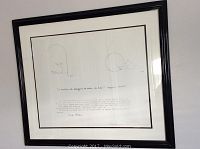 Full view of framed lithograph showing two minimalist bird drawings and text below, signed by Paolo Artini.