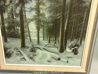 Full view of the painting showing snow-covered pine trees in a forest during winter.