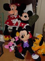 Photo showing large Minnie Mouse in red polka dot dress, small Minnie Mouse in pink, medium vampire Mickey Mouse, Mickey Mouse plush hands, and Pluto plush.