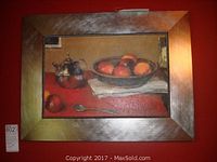Framed painting with fruit bowl, silver teapot, spoon on red tablecloth.