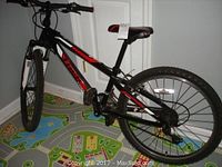 Full view of black and red Trek mountain bike with 24-inch wheels and front suspension, showing overall frame and tires.