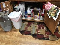 Photo showing the two trash cans (one metal mesh, one white plastic with liner), two coffee cup-themed rugs, two dish towels hanging on a drying rack, and cleaning supplies inside the cabinet under the sink.