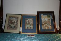 Three Asian-themed framed art pieces displayed together, showing their sizes and framing styles.