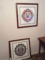 Photo of two framed Pacific Northwest Talish prints, one hanging on the wall and one leaning against the wall near a wooden table.