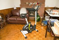 Full view of Everlast exercise bike with seat, handlebars, and digital console in a room with leather couch and wood floor.
