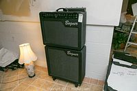 Bogner amplifier head stacked on Bogner 2x12 extension cabinet in room setting.
