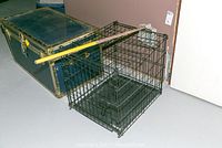 View of the wire dog cage and blue storage trunk behind it, showing wear on the cage and the included plastic scooper resting on top.