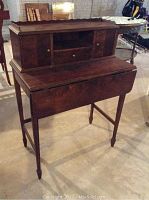 Frontal view of entire drop-leaf desk with attached hutch
