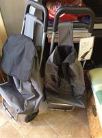 Two new gray Larus shopping carts side by side showing fabric bags, metal frames, and padded black handles.