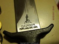 Close-up of Gerber knife blade with the logo and marking "PORTLAND, ORE USA"