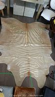 Full view of tan cowhide rug with metallic gold zebra pattern laid on floor