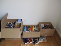 Three cardboard boxes filled with various books arranged on the floor against a wall, showing the overall lot contents.