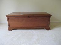 Closed view of rectangular wooden cedar chest with a panelled front and base rest.