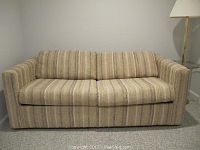 Front view of tan woven upholstered sofa bed with two back cushions and a striped fabric pattern. Includes visible armrests and seating area.