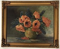 Frontal view of the framed floral still life print with orange flowers in a green vase.