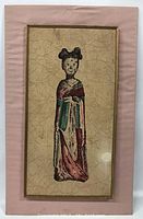 Overall view of one framed painted silk portrait with visible staining and creases.