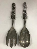 Silver plated mixing fork and spoon set, showing full front side with ornate floral handles and utensil heads.