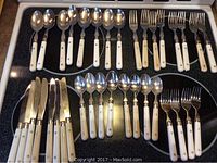 Full set of enamel handled cutlery including spoons, knives, dinner forks, and salad forks arranged on tray