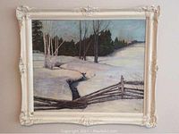 Full front photo of painting showing winter landscape with birch trees, stream, snow, forest and ornate white plaster frame with damage.