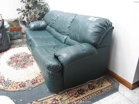 Side view of green pressed leather sleeper couch showing overall shape and some wear on leather.