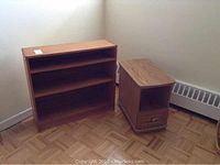 Image of both the book shelf and side table showing overall condition and structure.