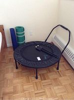 Photo of the small rebounder trampoline with black padded edge and curved safety bar, placed on parquet floor near a heater showing wear on padding.