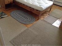 Photo showing six assorted area rugs on wooden floor, including braided oval rug and five rectangular beige and patterned rugs under a couch frame