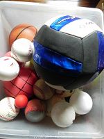 Container holding assorted sports balls including a large blue and black volleyball, basketball, several baseballs, a red rubber ball, and a white plastic ball