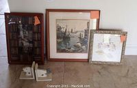 Overview of all items: fishing-themed shadow box, harbor print, hydrangea print, fish bookends
