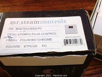 Close up of the product label on the box indicating model number MSETPLUSSQ-PC, finish polished chrome, eTempo Plus Control system.