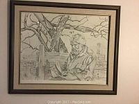 Overall view of the framed pencil sketch showing the elderly man with hat, rustic fence and tree branches with brown frame and linen mat.