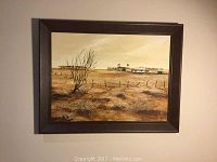 Framed farm scene painting showing overall view and frame.