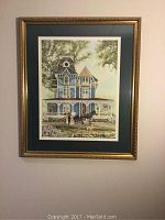 Full view of framed and matted print showing Victorian-style house scene with people and horse.