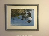 Full view of the framed loon print showing the image, frame and matting.
