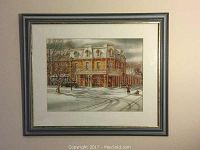Full view of the framed Trish Romance print depicting the Prince of Wales Hotel in a winter setting with snow and tire tracks.