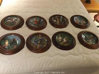 Set of 8 framed decorative plates featuring various birds from the 'Birds of Your Garden' series by Kevin Daniel, laid out for display on a bed.