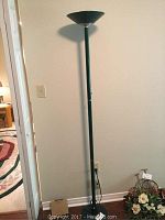 Full view of the green floor lamp standing upright against a wall.