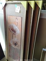 Three new in box floral art pieces leaning together, showing gold-toned frames with beige matting and floral artwork of white and cream flowers on orange background