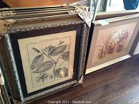 Photo showing stacked framed botanical prints and a floral painting