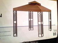 Box showing assembled gazebo image with powder-coated steel frame and brown canopy roof.