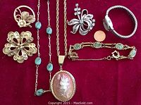 View of all items including necklaces, brooches, bracelet, and watch on red velvet background.