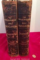 Photo showing spines of two vintage books titled 'The Popular and Critical Bible Encyclopædia Illustrated' with volume and content information.