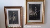 Two framed lithographs hanging side by side, one featuring Massena in military attire and the other Lord Nelson in a military uniform with a maritime battle background.