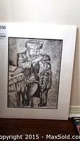 Photo of charcoal sketch showing a seated person adjusting clothing on a child figure, signed E Suttner, unframed.