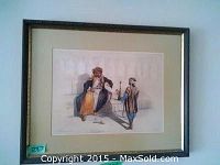 Framed print of two men in historical attire, one seated with a sword, the other holding an object